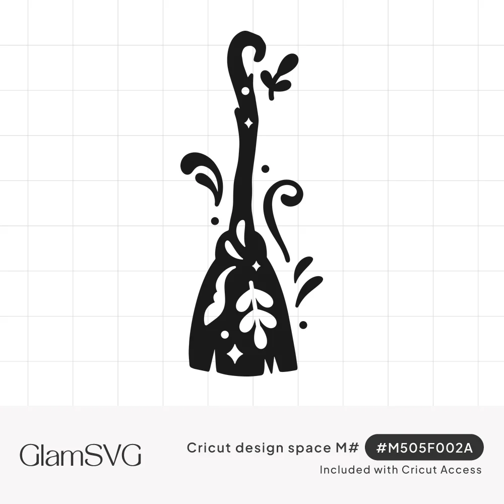 Black silhouette of a witch's broom with a curled handle, leaf cutouts, swirls and small sparkles