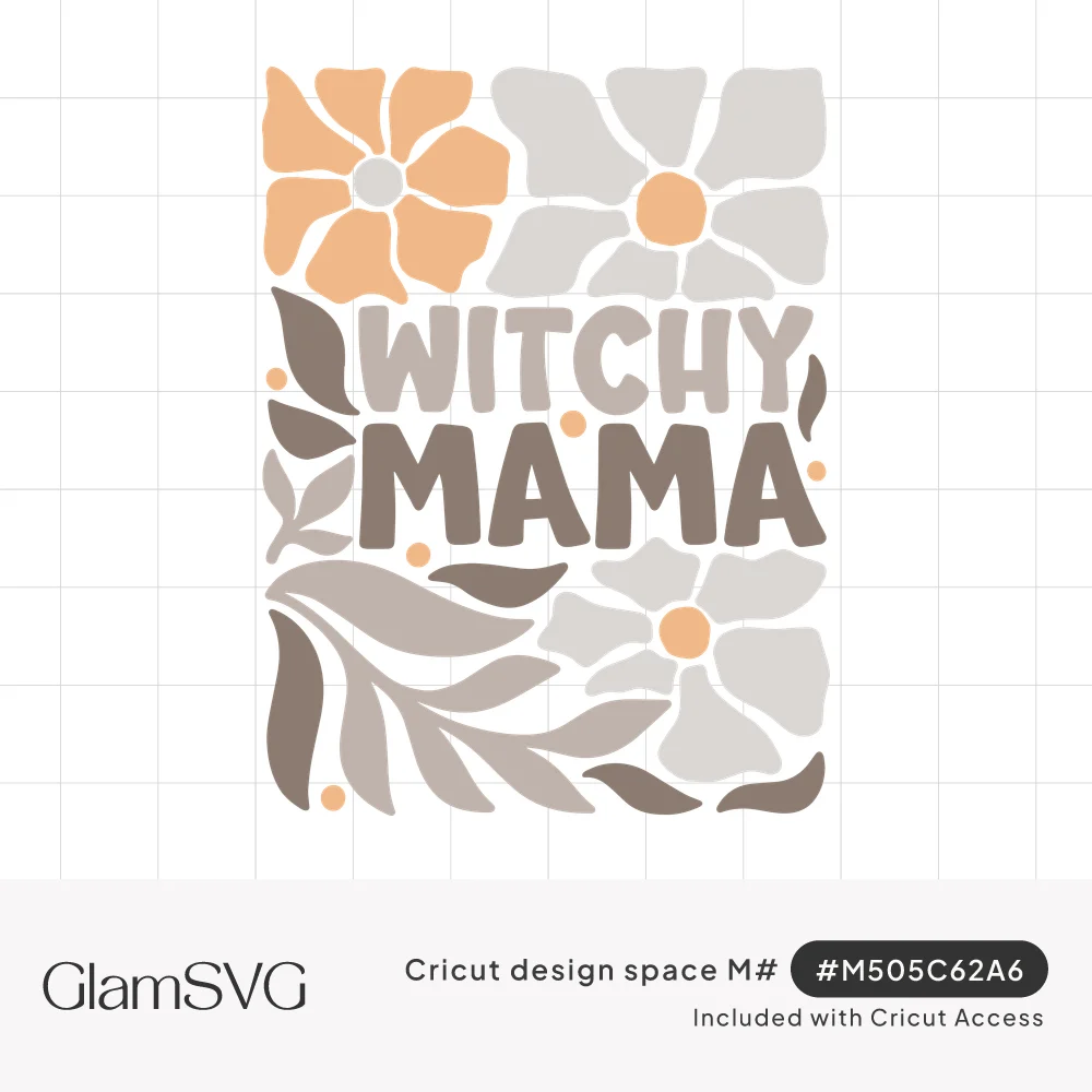 Chunky Witchy Mama lettering surrounded by retro peach and gray flowers, taupe leaves and small dots