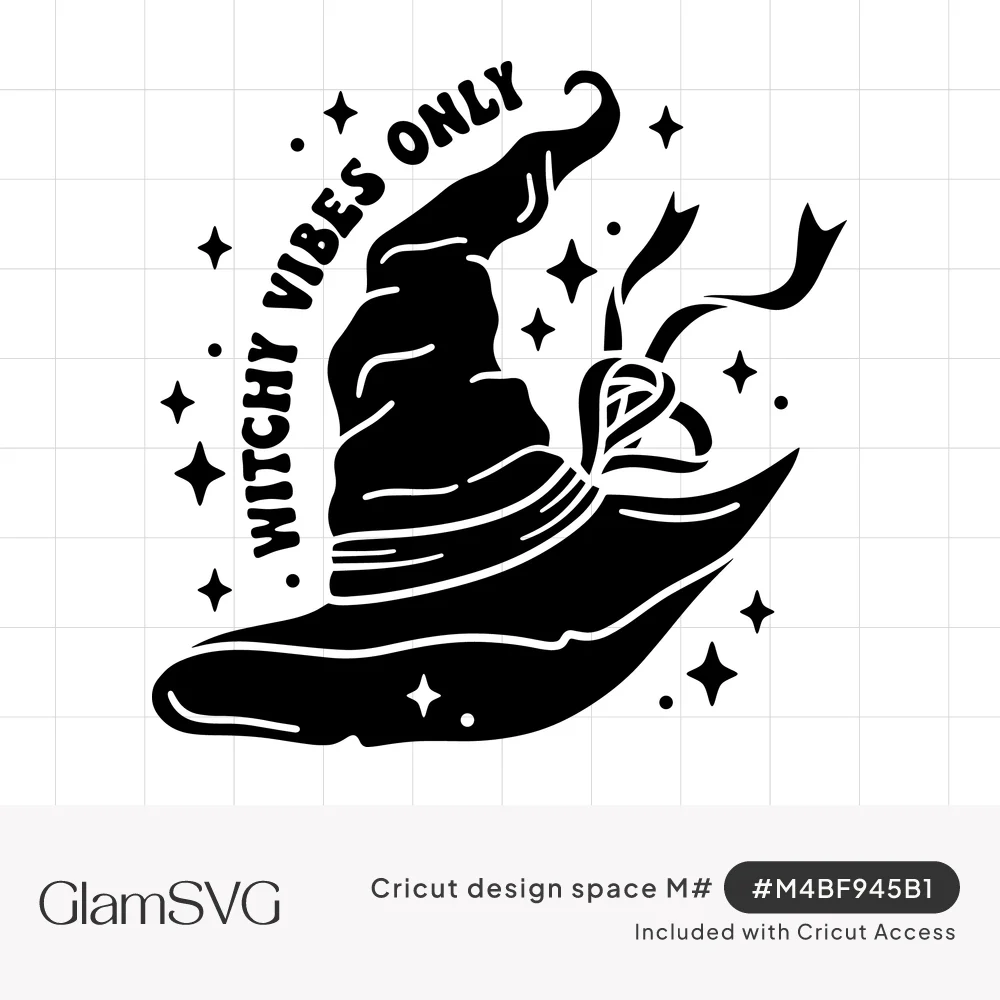 Black silhouette of a crooked witch hat with a ribbon bow, sparkles, and curved text reading Witchy Vibes Only