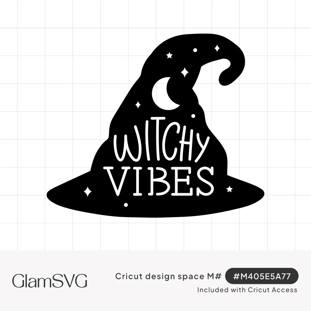 Black witch hat silhouette with white Witchy Vibes lettering, a crescent moon and small stars cut out inside