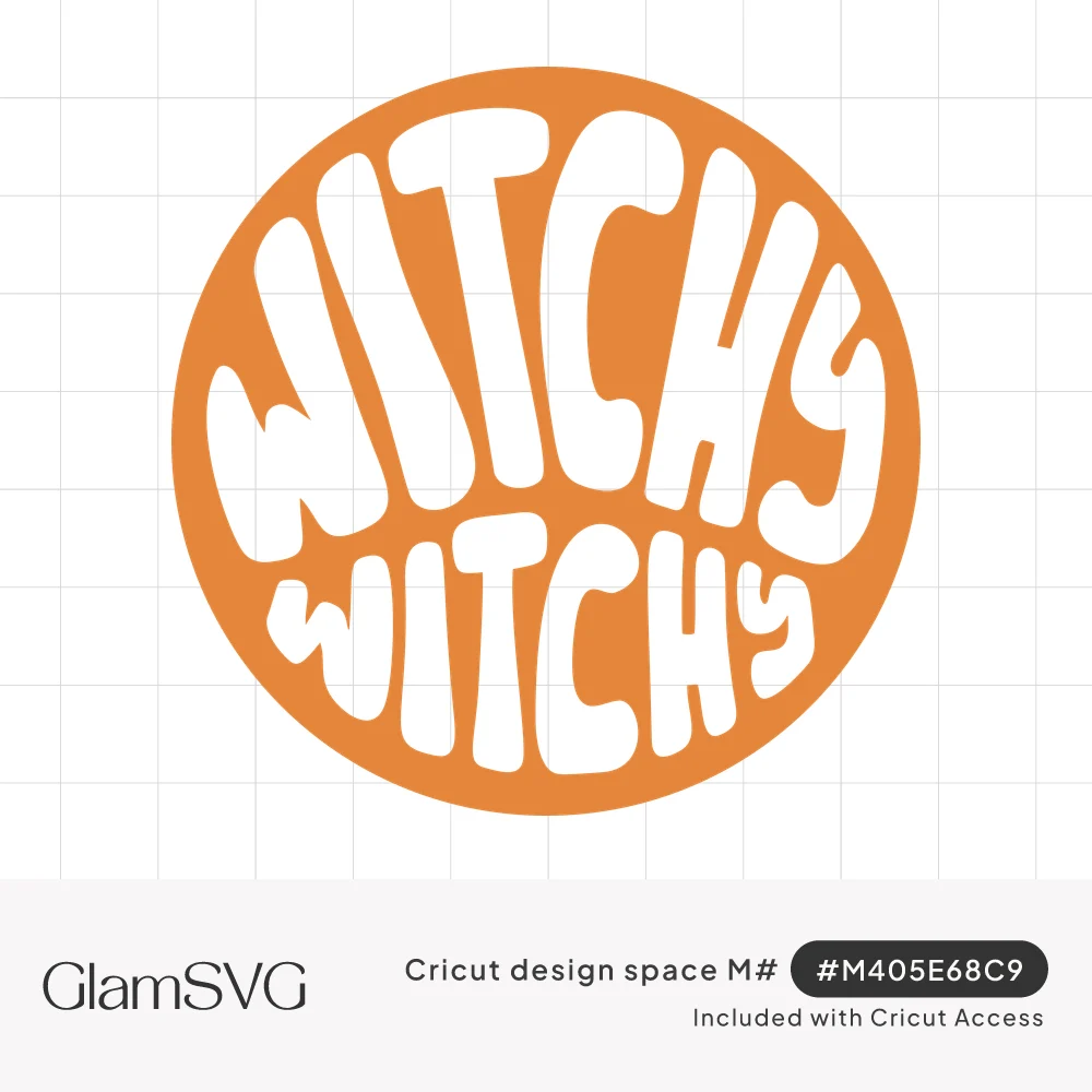 Orange circle badge with bold bubbly white groovy lettering reading Witchy Witchy twice