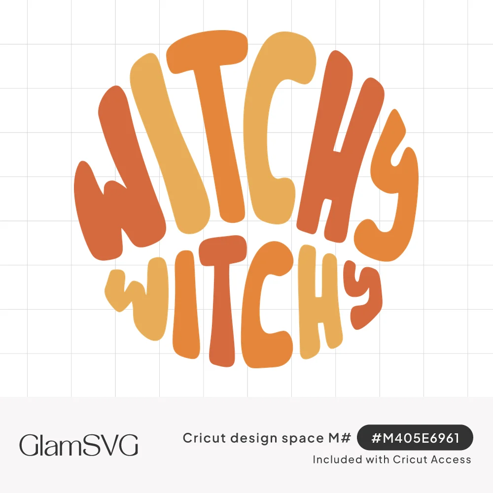 Wavy retro letters spelling witchy witchy arranged in a circle in orange, burnt orange and golden yellow