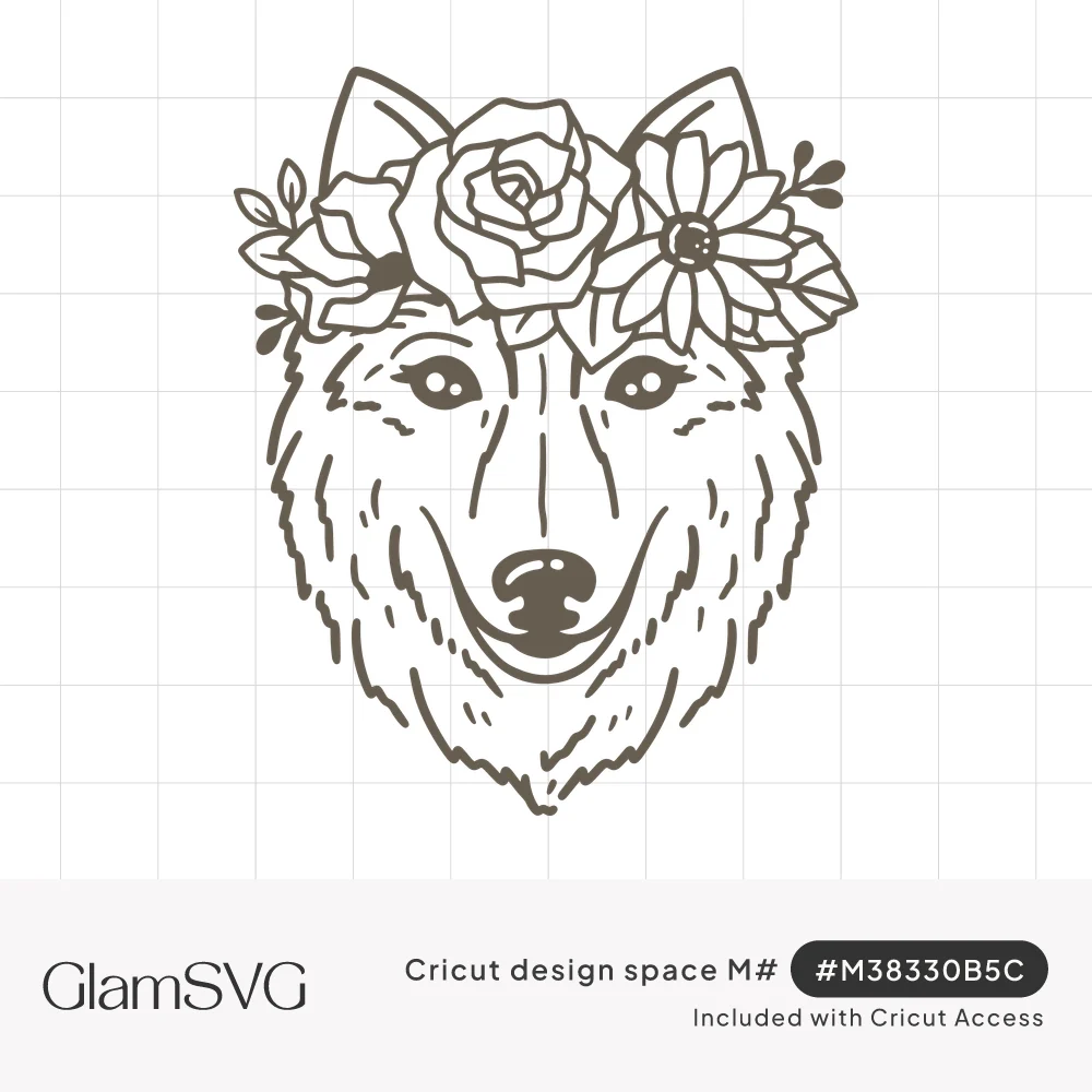 Line art of a smiling wolf face wearing a flower crown of roses, daisies and leaves