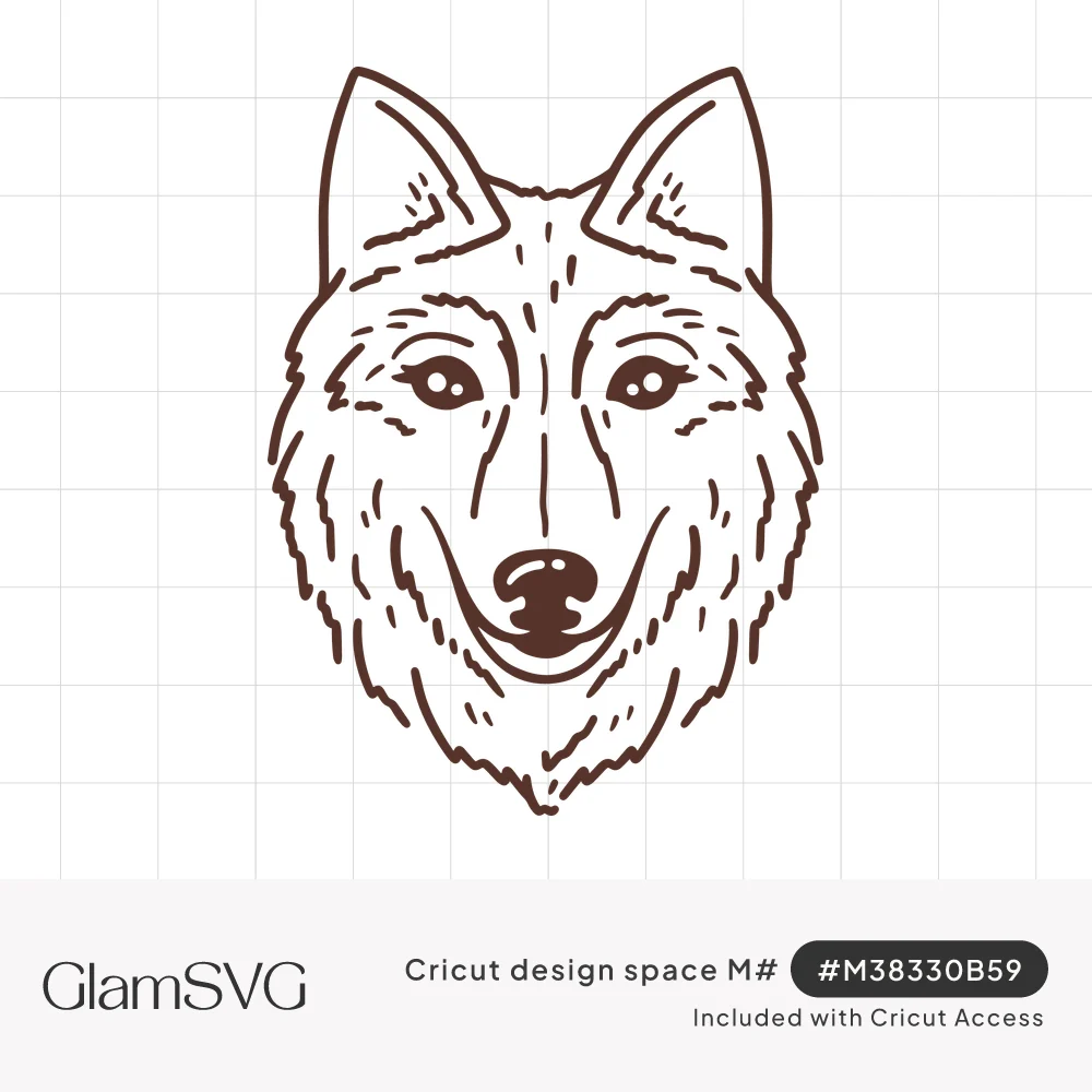 Line art drawing of a smiling wolf face with pointed ears and sketched fur in dark brown on a white background