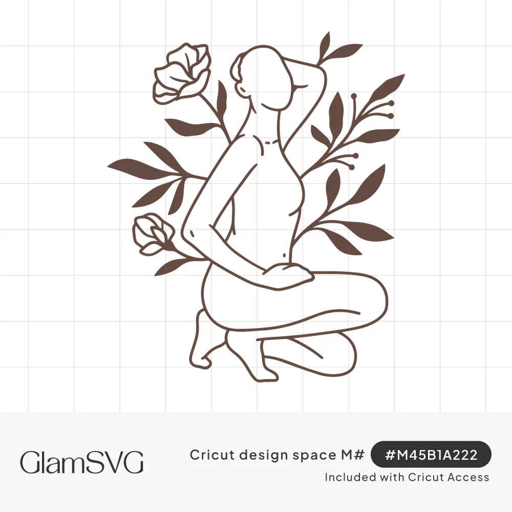 Brown line drawing of a kneeling faceless woman with one arm raised, surrounded by roses and leafy botanical stems