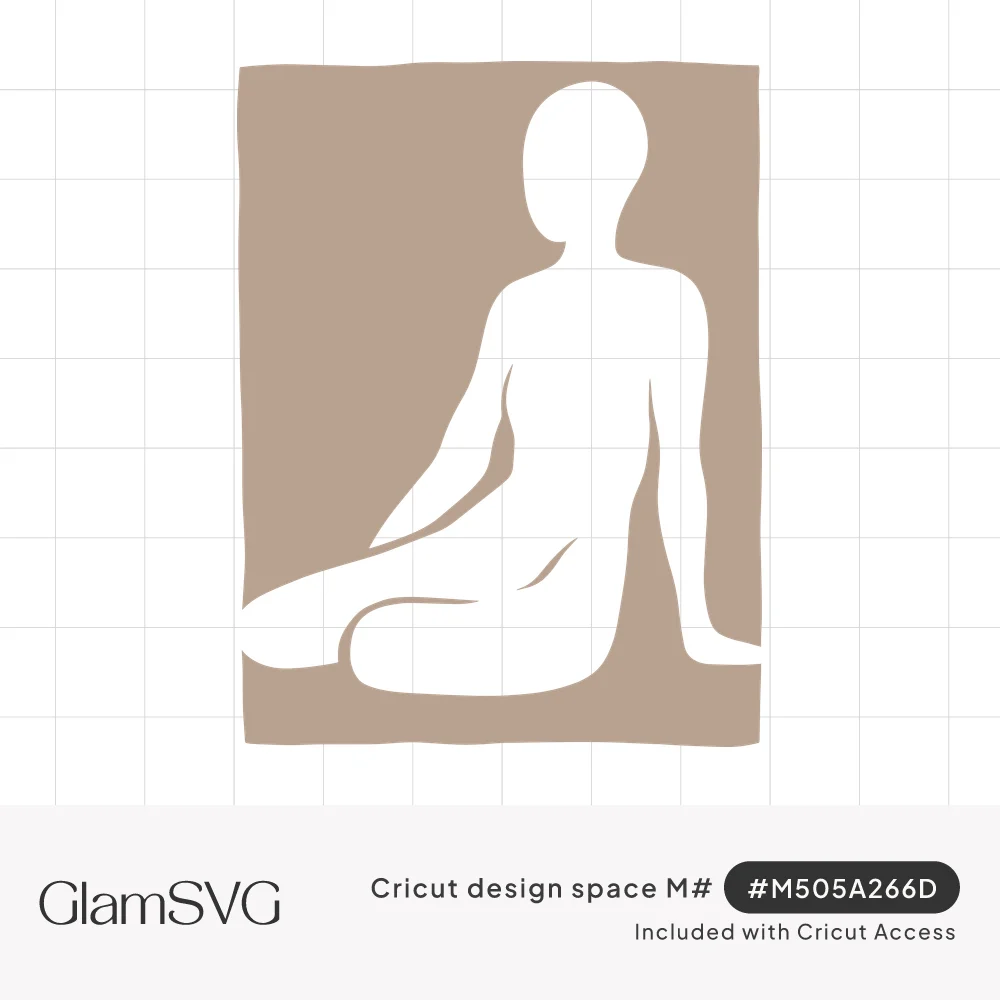 White negative-space silhouette of a seated woman against a taupe rectangle with slightly rough edges