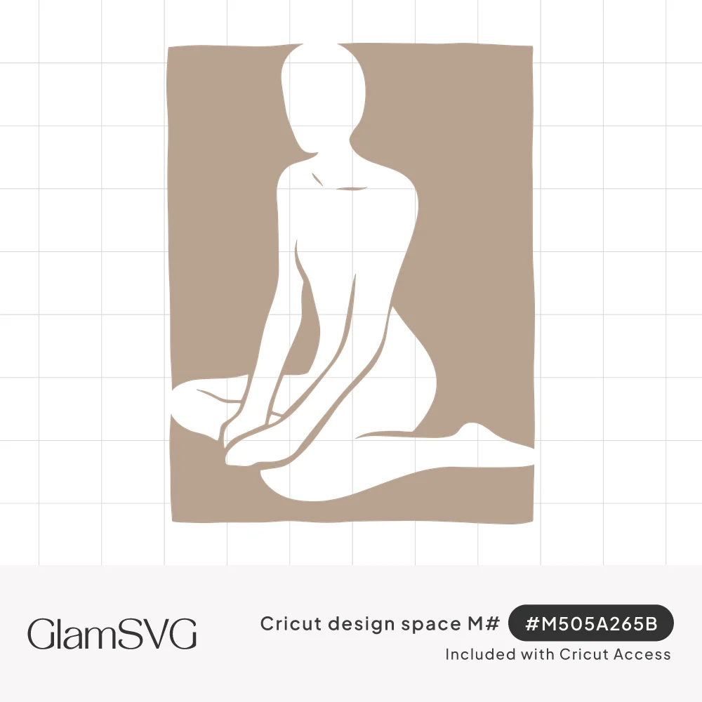 White silhouette of a kneeling woman inside a taupe rectangle, her legs extending past the bottom edge