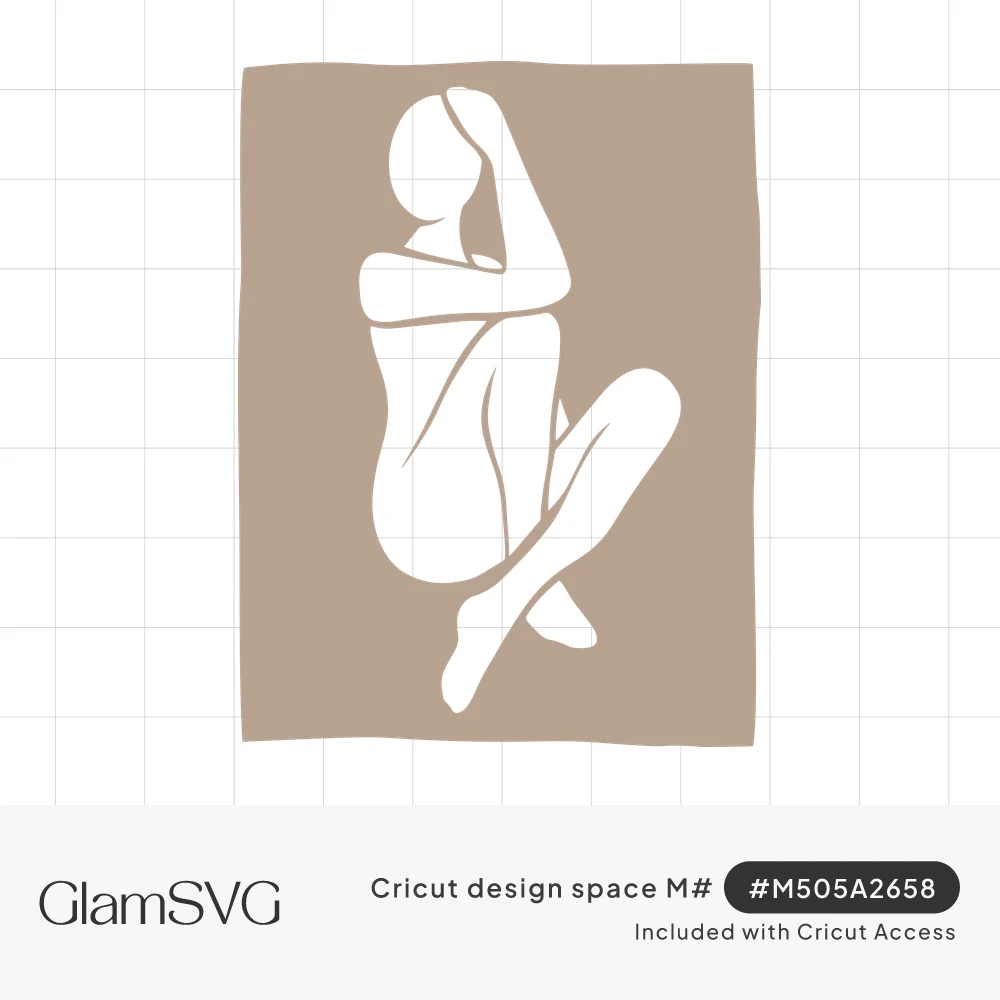 White abstract silhouette of a seated woman hugging her knees, one arm over her head, on a taupe rectangle