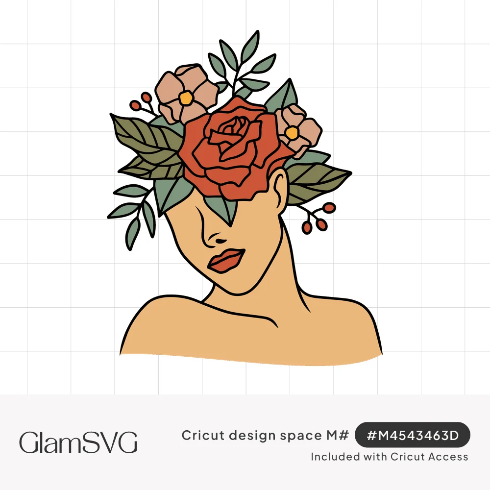 Line art woman with bare shoulders and a cluster of red and blush roses, green leaves and berries covering her eyes