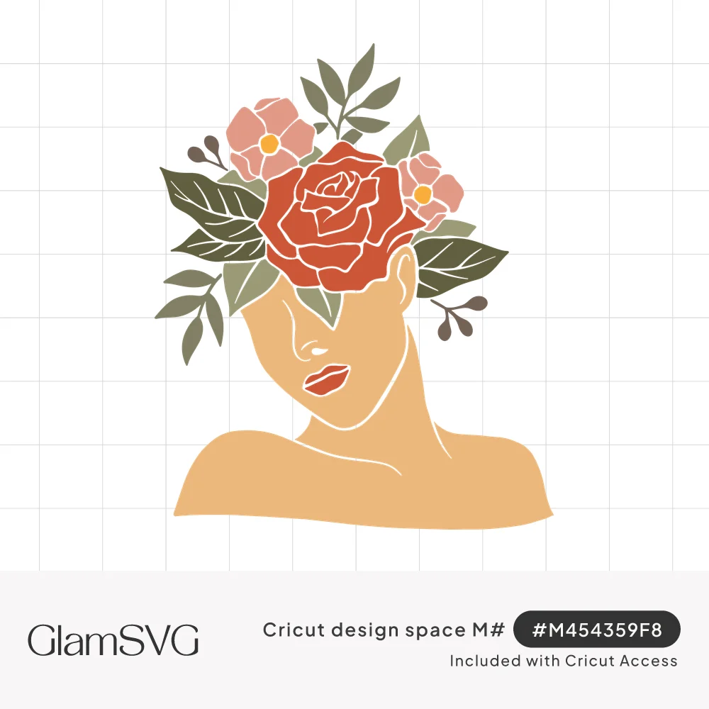 Illustrated woman's head and shoulders with a large red rose, pink flowers and green leaves covering the top of her head