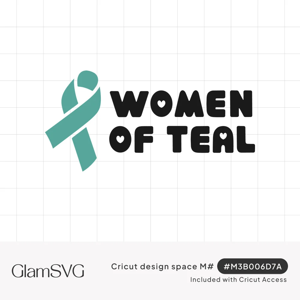 Teal awareness ribbon beside bold black Women of Teal lettering with small heart cutouts in the letter O