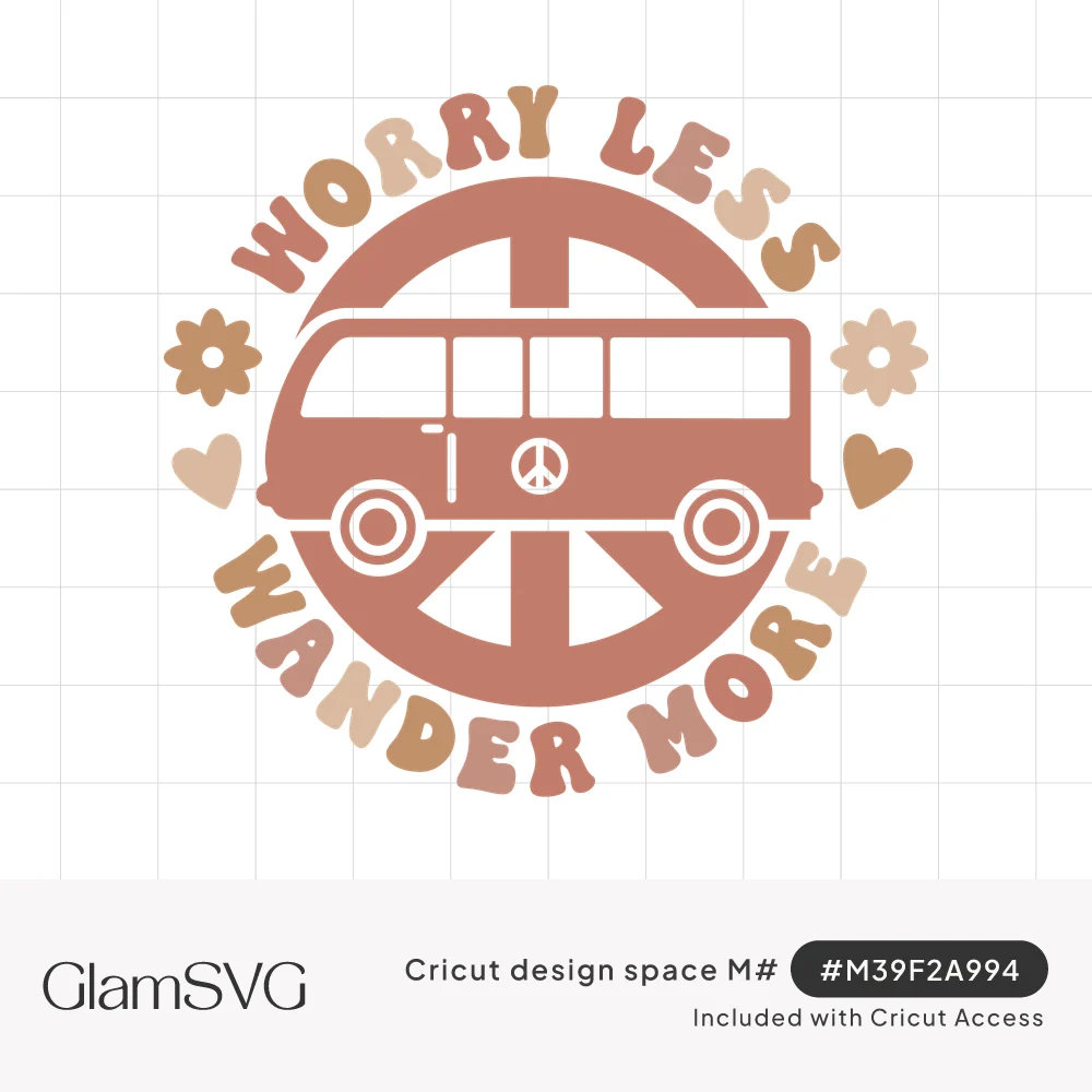 Retro camper van on a peace sign with groovy Worry Less Wander More lettering, daisies and hearts in earthy tones