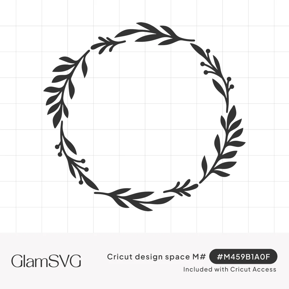 Black silhouette wreath made of leafy sprigs with small berry buds arranged in an open circle with an empty center
