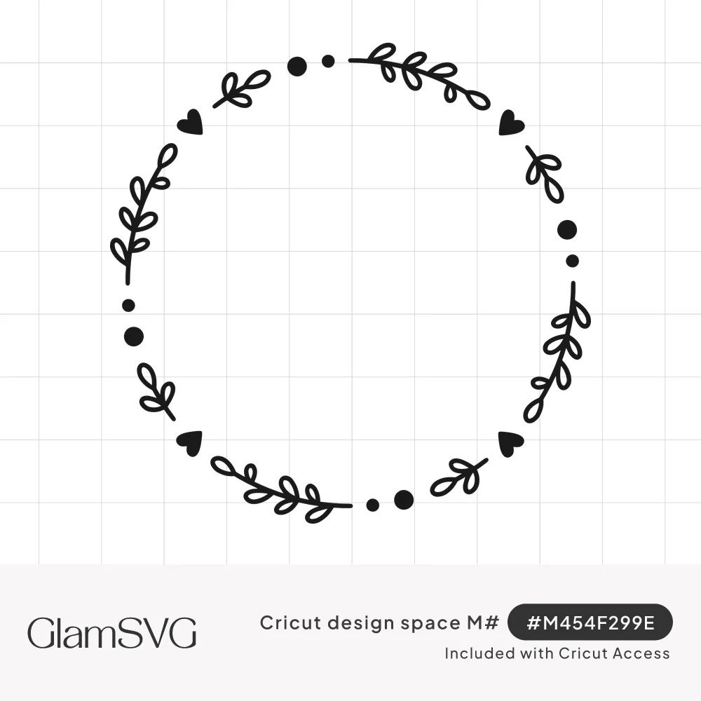 Black line art circle wreath of leafy sprigs with small hearts and dots spaced around an empty center