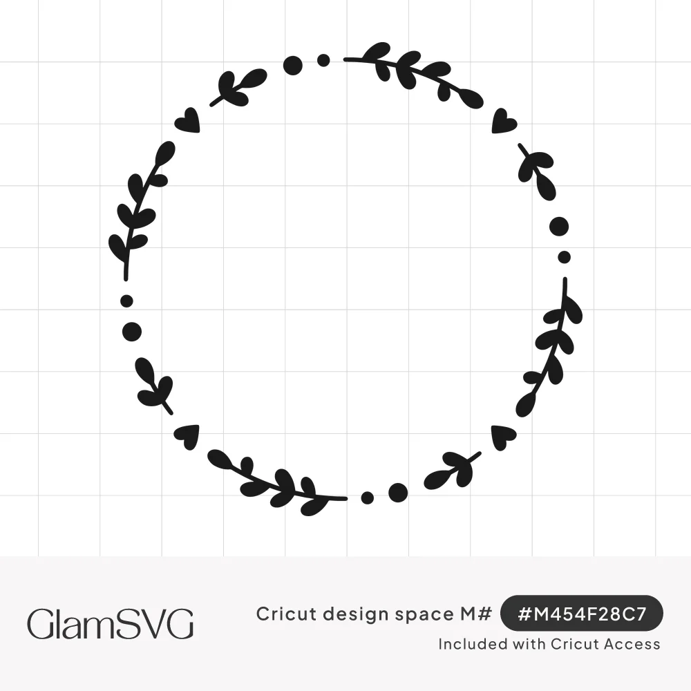 Black circular wreath of small leafy sprigs, tiny hearts and dots surrounding an empty center