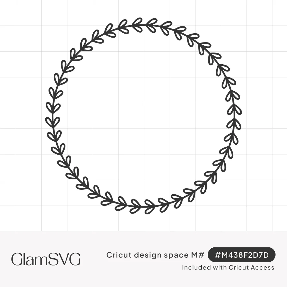 Circular wreath of small outlined leaves on a thin vine in dark charcoal with an empty white center