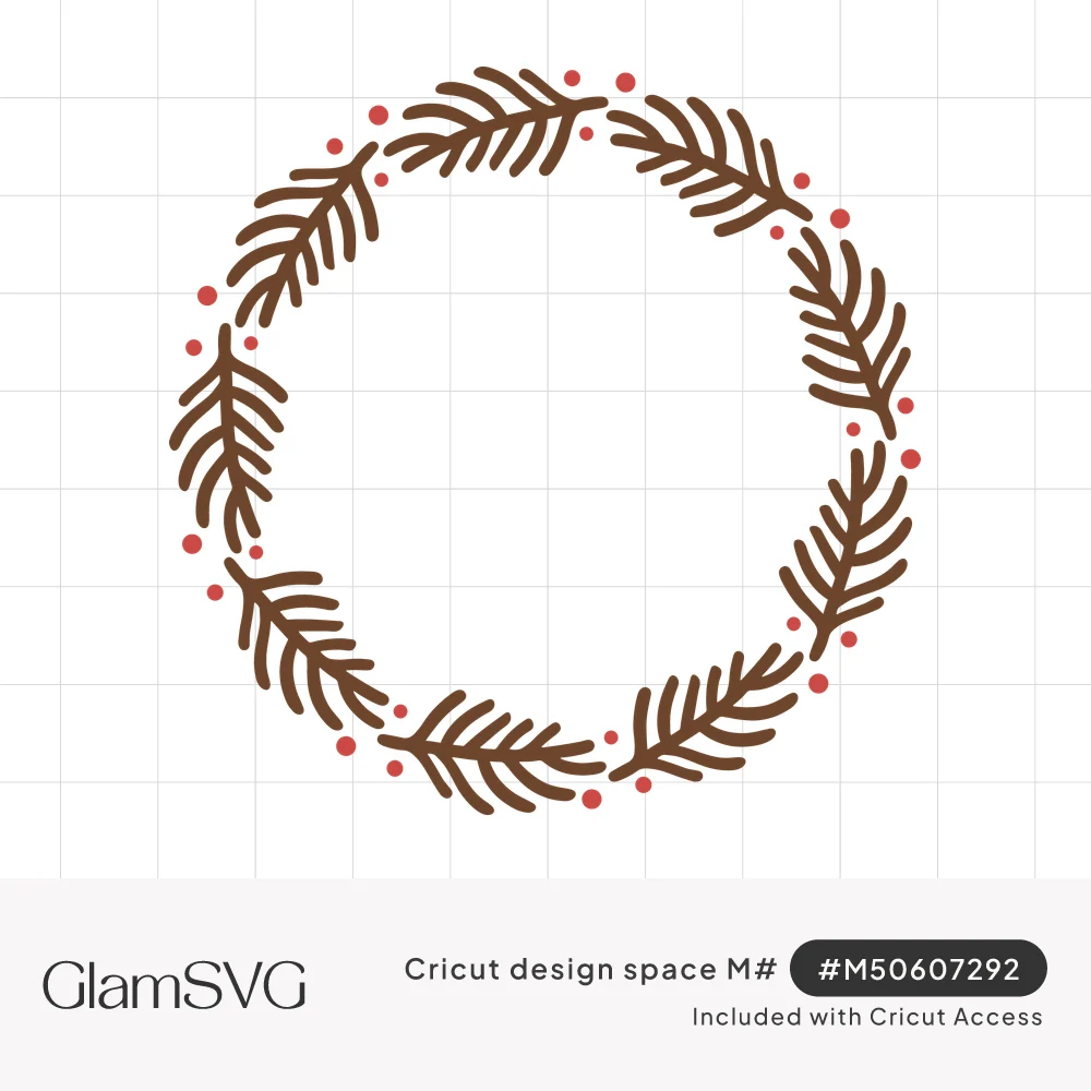 Circular wreath of brown pine sprigs with small red berry dots, open empty center