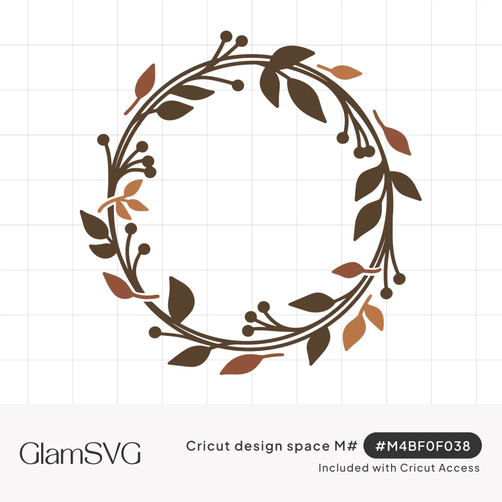 Circular vine wreath with brown, rust and copper leaves and small round berries around an empty center