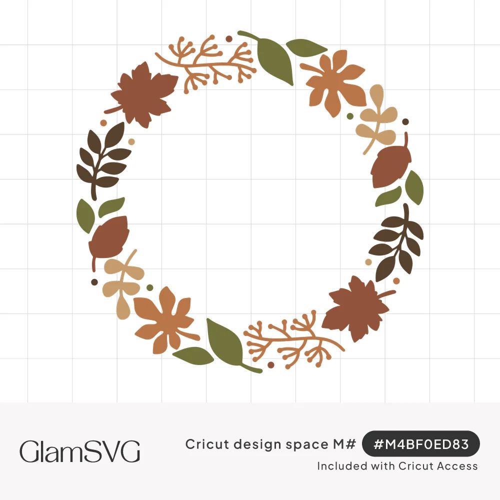 Circular wreath of fall leaves, berry sprigs and dots in rust, olive green, brown and tan with an empty center