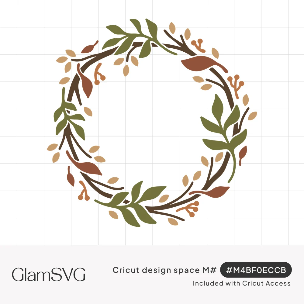 Circular wreath of brown twigs with green leaf sprigs, rust leaves, tan seed pods and small berry clusters around an empty ce
