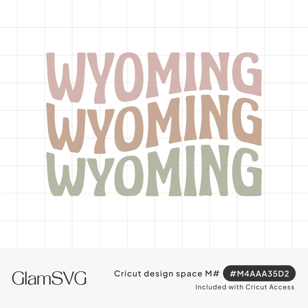 The word Wyoming repeated three times in wavy retro letters in dusty pink, terracotta and sage green