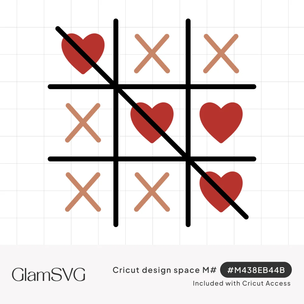 Tic tac toe grid with red hearts and tan X's, a black diagonal line crossing three hearts for the win