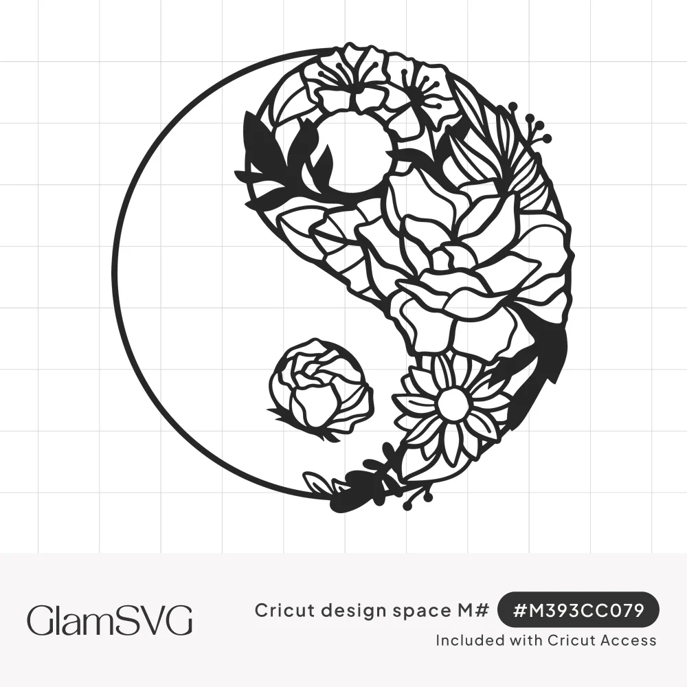 Line art yin yang symbol with one half filled with peonies, daisies and leaves and a peony bud as the dot