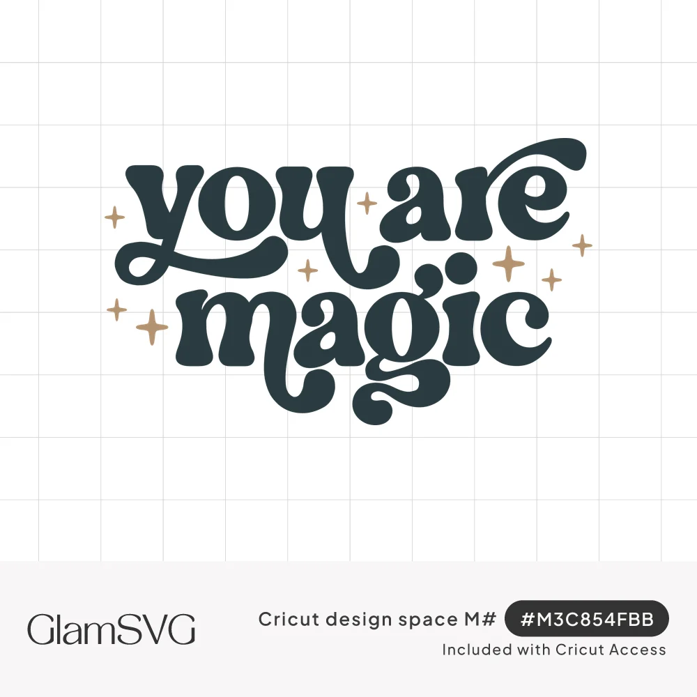 Groovy retro lettering reading you are magic in dark slate, surrounded by small gold four-point sparkles