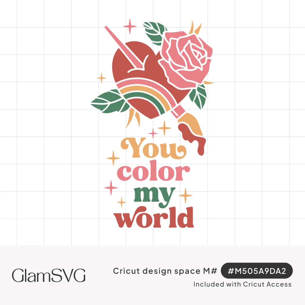 Red heart with paintbrush painting a rainbow, pink rose, leaves and sparkles above retro text You color my world