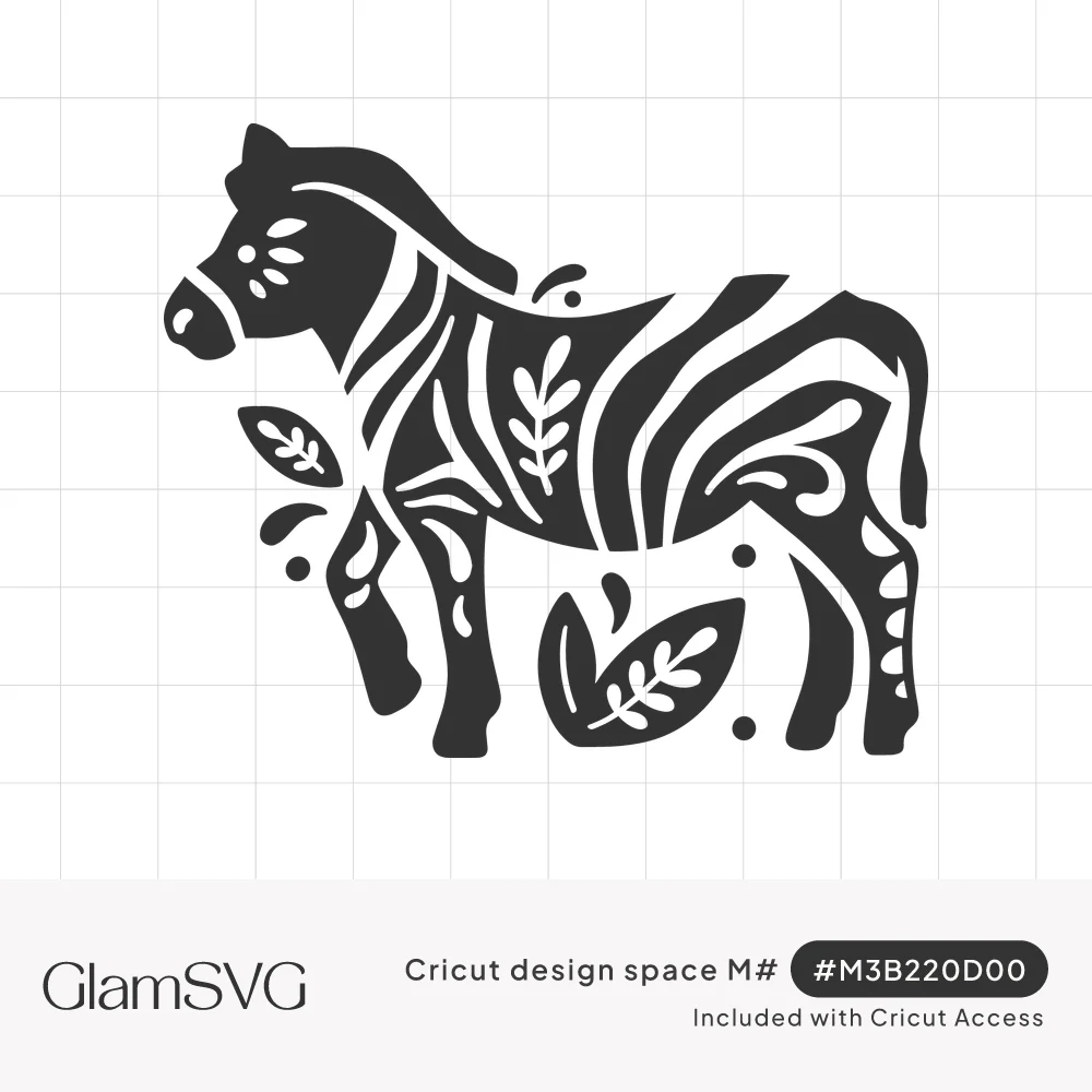 Black silhouette of a standing zebra with leaves and floral swirls cut into its stripes, surrounded by loose leaves and dots