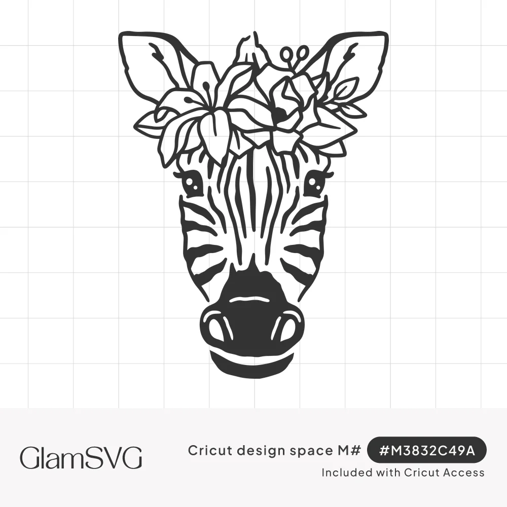 Black line art zebra face wearing a crown of lilies, roses and leaves, with striped mane and gentle eyelashes