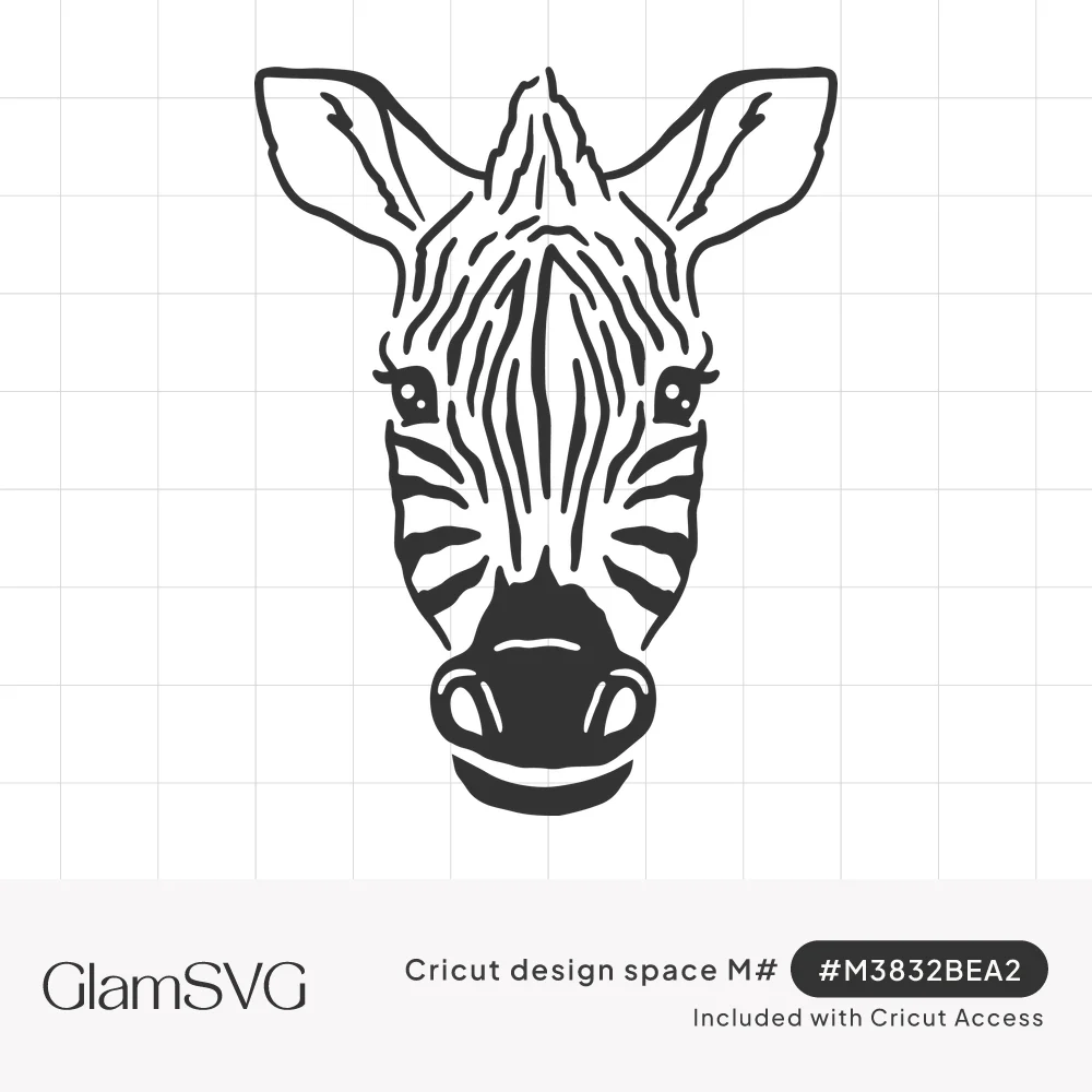 Black and white line drawing of a front-facing zebra head with bold stripes, upright ears and eyelashes