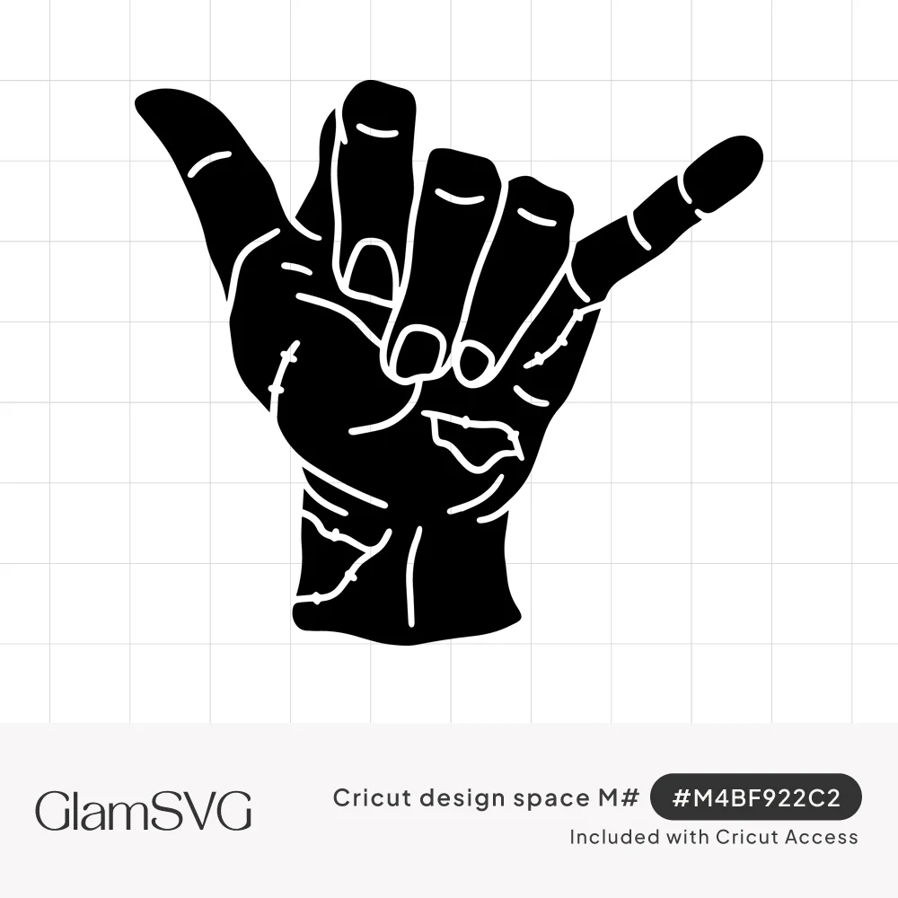 Black silhouette of a hand making a shaka hang loose sign with white lines showing knuckles, nails and stitched wounds