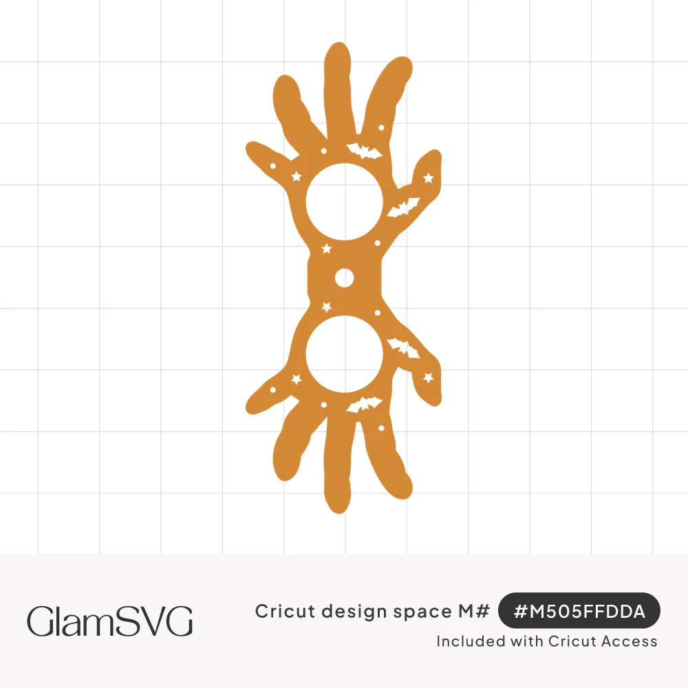 Orange paper template of two mirrored zombie hands with palm circles, bat and star cutouts, and a fold line for a lollipop