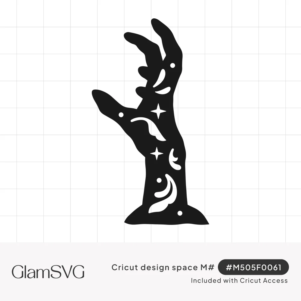 Black silhouette of a zombie hand rising from the ground with cutout stars, dots and crescent shapes