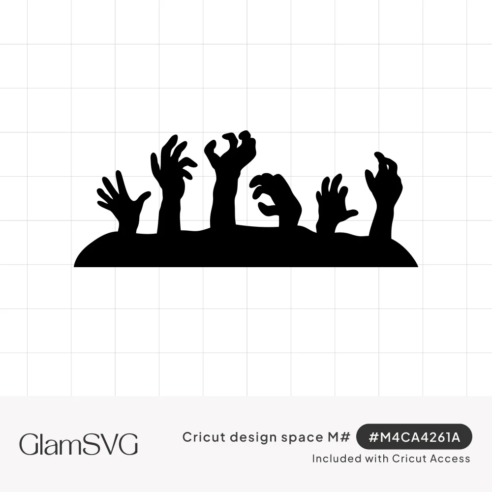 Black silhouette of six zombie hands reaching up out of a dirt mound, a spooky Halloween border design