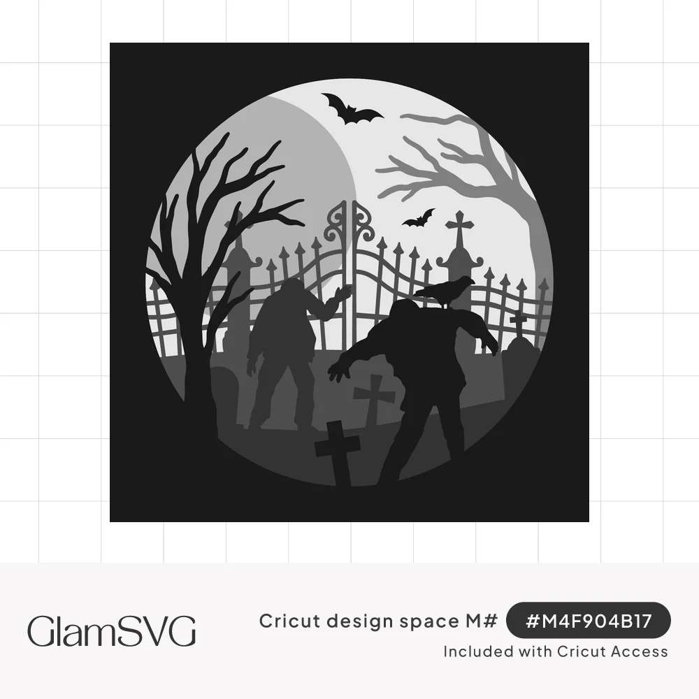 Circular layered scene of two zombies in a moonlit graveyard with an iron gate, bare trees, crosses, bats and a crow