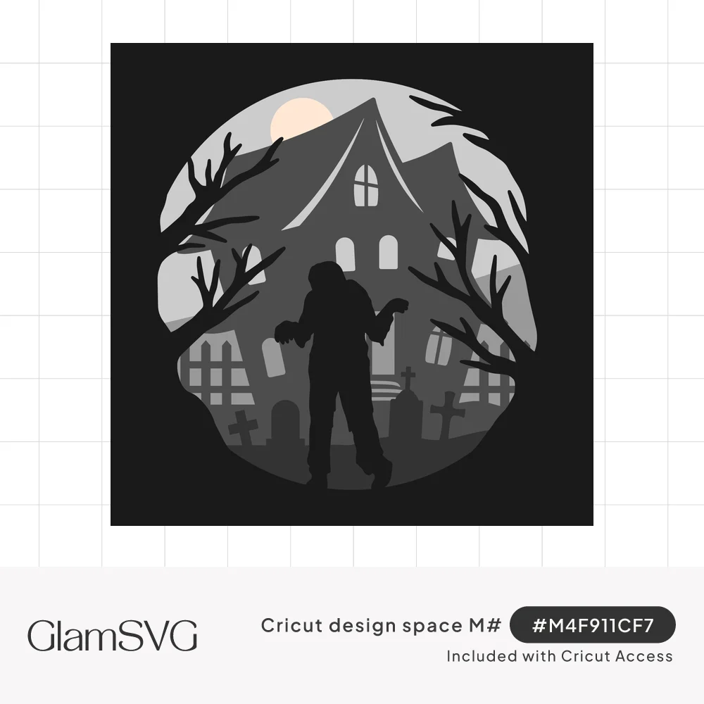 Layered gray shadow box scene of a zombie silhouette in a graveyard with bare trees, a haunted house and a full moon